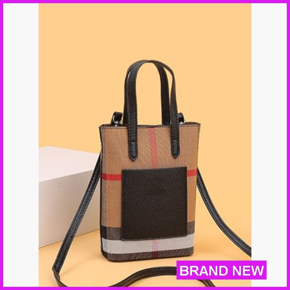 Mini Crossbody Bag Classic Plaid Canvas PU Leather Adjustable Strap Chic - Picture 6 of 7